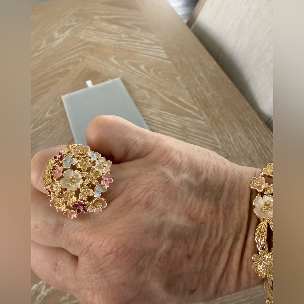Floral Gold Ring with Pink and White Accents